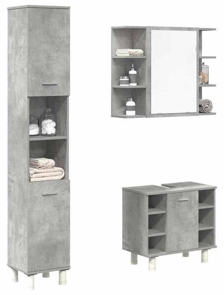 Sada koupelnového nábytku - Skříňka pod umyvadlo - Koupelnová skříň - Zrcadlová skříň - Imitace betonové šedé barvy - Odolný materiál