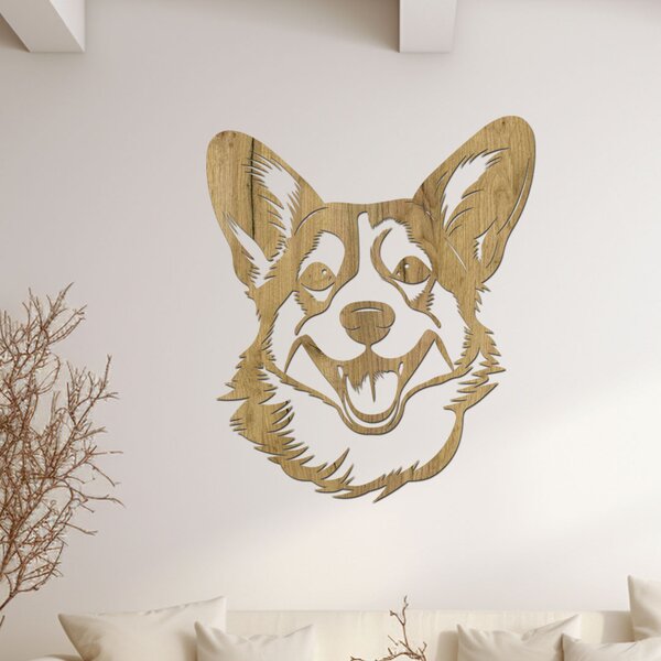 Dřevěná dekorace na stěnu psa Corgi hlava | Rozměry (cm): 34x40 | Zvolte barvu dekoru: Dub zlatý