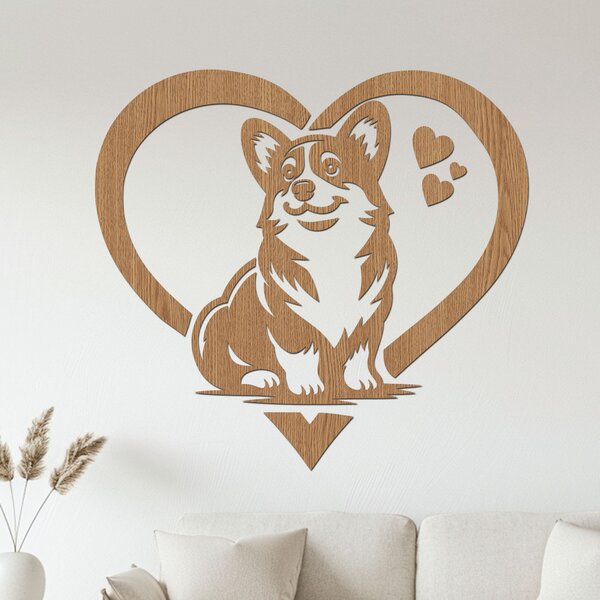 Dřevěná dekorace Corgi láska | Rozměry (cm): 40x37 | Zvolte barvu dekoru: Dub Sonoma