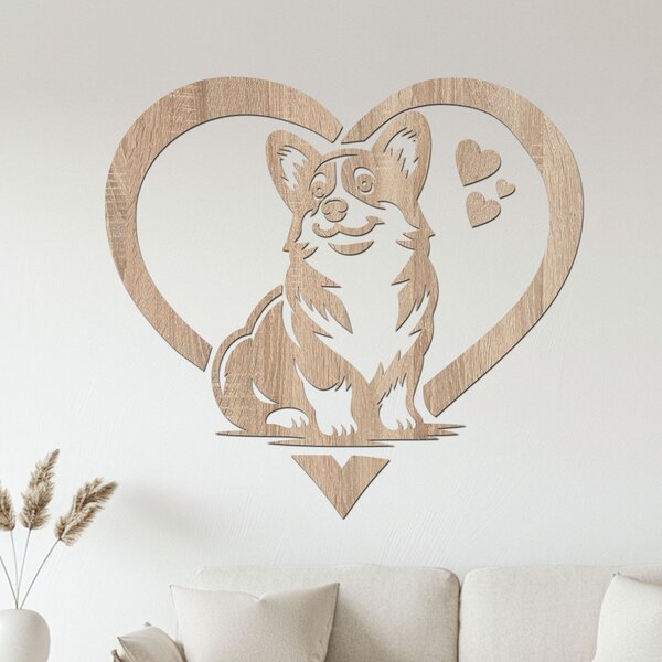 Dřevěná dekorace Corgi láska | Rozměry (cm): 40x37 | Zvolte barvu dekoru: Dub Sonoma