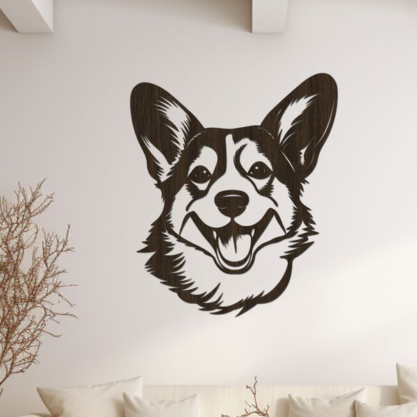 Dřevěná dekorace na stěnu psa Corgi hlava | Rozměry (cm): 34x40 | Zvolte barvu dekoru: Dub zlatý