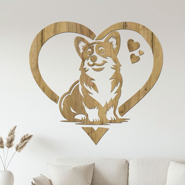Dřevěná dekorace Corgi láska | Rozměry (cm): 40x37 | Zvolte barvu dekoru: Dub Sonoma