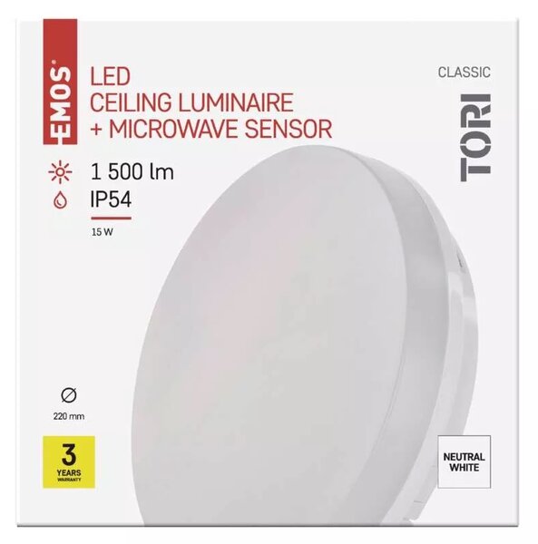 Emos lighting LED přisazené svítidlo TORI, ø 220 mm, 15W, s čidlem, IP54