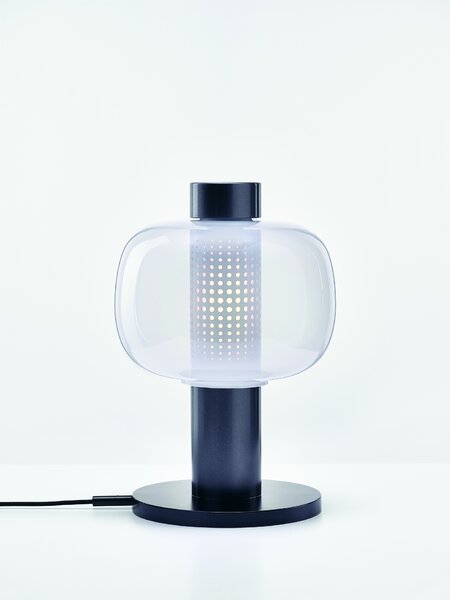Designová lampa Brokis Bonbori Small PC1164, 1xE27 Stmívání, řízení: TRIAC, Povrch Montury: šedá metalická, Barva skla: Olivová zelená - transparentní sklo