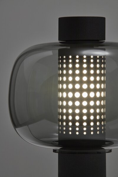 Designová lampa Brokis Bonbori Small PC1164, 1xE27 Stmívání, řízení: TRIAC, Povrch Montury: šedá metalická, Barva skla: Olivová zelená - transparentní sklo