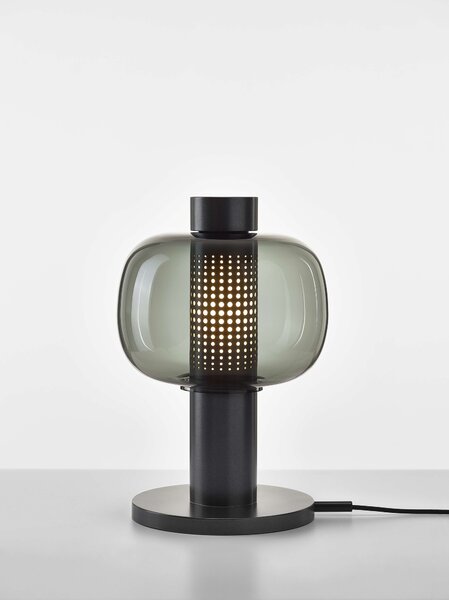 Designová lampa Brokis Bonbori Small PC1164, 1xE27 Stmívání, řízení: TRIAC, Povrch Montury: šedá metalická, Barva skla: Olivová zelená - transparentní sklo