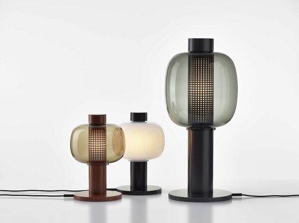 Designová lampa Brokis Bonbori Small PC1164, 1xE27 Stmívání, řízení: TRIAC, Povrch Montury: šedá metalická, Barva skla: Olivová zelená - transparentní sklo