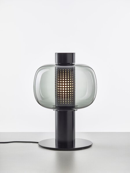 Designová lampa Brokis Bonbori Small PC1164, 1xE27 Stmívání, řízení: TRIAC, Povrch Montury: šedá metalická, Barva skla: Olivová zelená - transparentní sklo