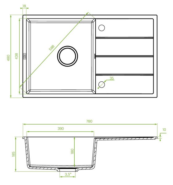 Laveo Wolin, 1-komorový granitový dřez 780x480x185 mm, černá skvrnitá, LAV-SPW_711T