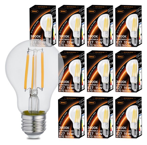 10x LED žárovka E27 15W 1650m 3000k vlákno dekorativní retro BERGE