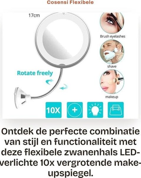 Flexibilní zrcátko s husím krkem – Zrcátko s 10x zvětšením – S LED osvětlením – Bílé – Kosmetické zrcátko s přísavkou – Vhodné pro domácí použití i na cesty