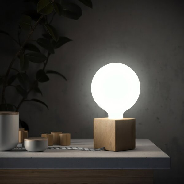 Creative cables Posaluce cubetto, naše dřevěná stolní lampa s textilním kabelem, in-line vypínačem a dvoupólovou zástrčkou Barva: Neutrální
