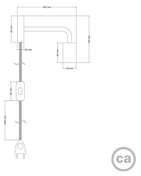 Creative cables Spostaluce, nástěnná kovová lampa s prodloužením do tvaru l s vypínačem a zástrčkou Barva: Matná měď