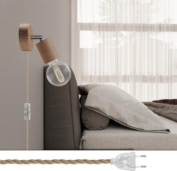 Creative cables Spostaluce, nástěnná dřevěná lampa s nastavitelným kovovým kloubem, vypínačem a zástrčkou Barva: Neutrální-chrom