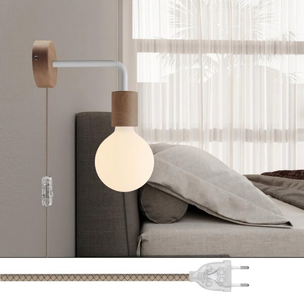 Creative cables Spostaluce, nástěnná dřevěná lampa s prodloužením do tvaru l s vypínačem a zástrčkou Barva: Neutrální-matná bílá