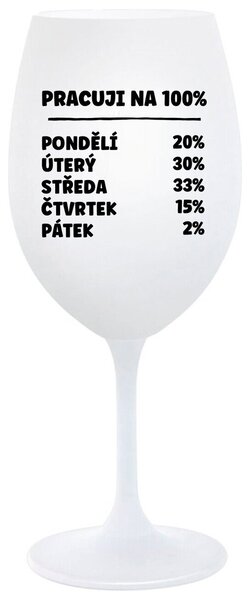 PRACUJI NA 100% - bílá sklenice na víno s textem 350 ml