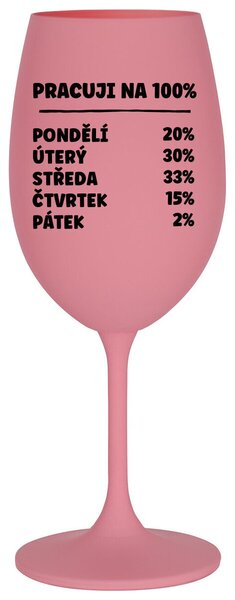 PRACUJI NA 100% - růžová sklenice na víno s textem 350 ml