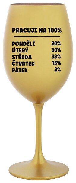 PRACUJI NA 100% - zlatá sklenice na víno s textem 350 ml