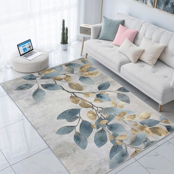 Pratelný běhoun ve světle modré a zlaté barvě 80x200 cm Golden Leaves – Mila Home