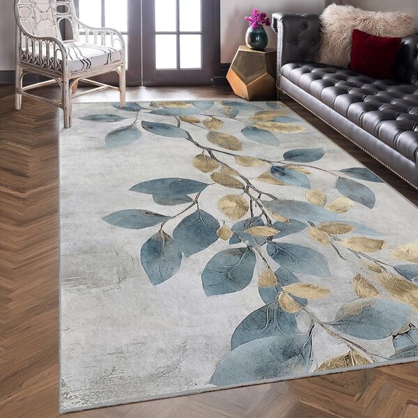 Pratelný běhoun ve světle modré a zlaté barvě 80x200 cm Golden Leaves – Mila Home