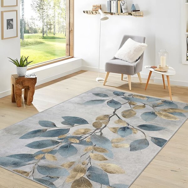 Pratelný běhoun ve světle modré a zlaté barvě 80x200 cm Golden Leaves – Mila Home
