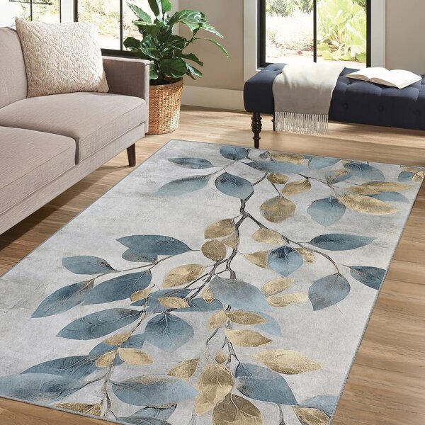 Pratelný běhoun ve světle modré a zlaté barvě 80x200 cm Golden Leaves – Mila Home