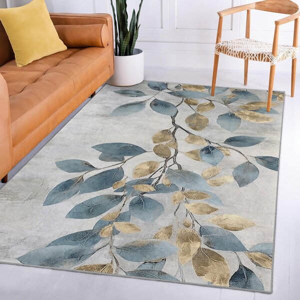 Pratelný běhoun ve světle modré a zlaté barvě 80x200 cm Golden Leaves – Mila Home