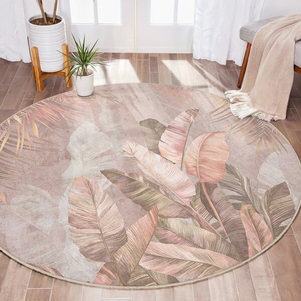 Světle růžový pratelný kulatý koberec ø 80 cm Dusty Leaves – Mila Home