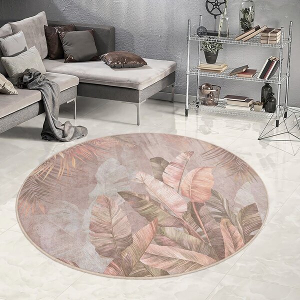 Světle růžový pratelný kulatý koberec ø 80 cm Dusty Leaves – Mila Home
