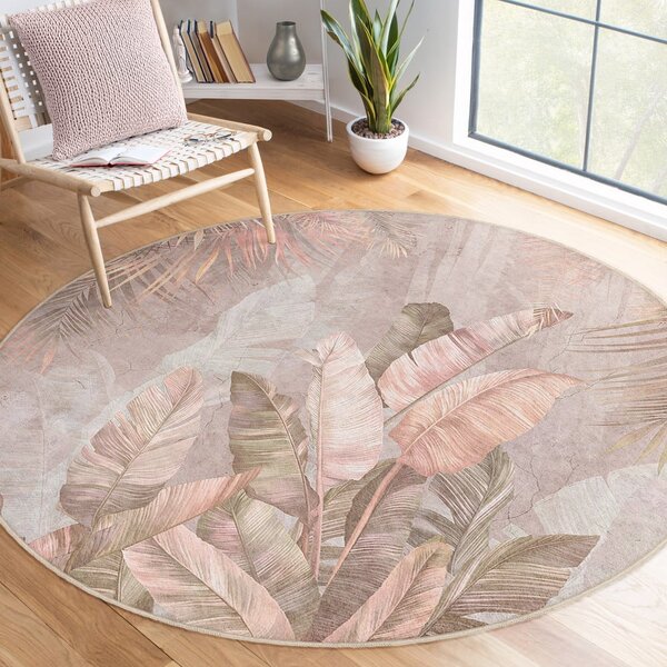 Světle růžový pratelný kulatý koberec ø 80 cm Dusty Leaves – Mila Home