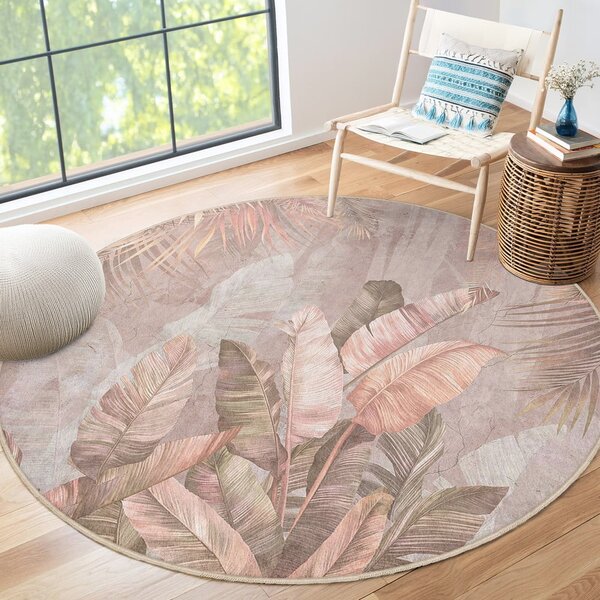Světle růžový pratelný kulatý koberec ø 80 cm Dusty Leaves – Mila Home