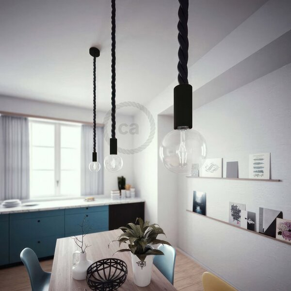 Creative cables Závěsná lampa s 3XL 30mm lanovým kabelem, lakované dřevěné detaily Barva: Černá