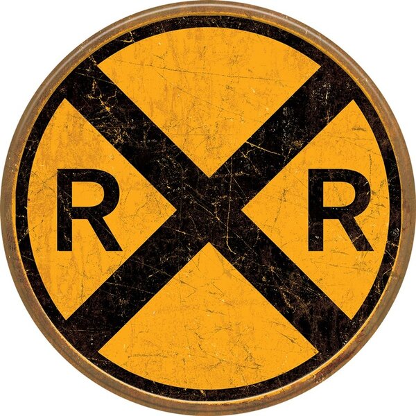 Plechová cedule Railroad Crossing, (30 x 30 cm)