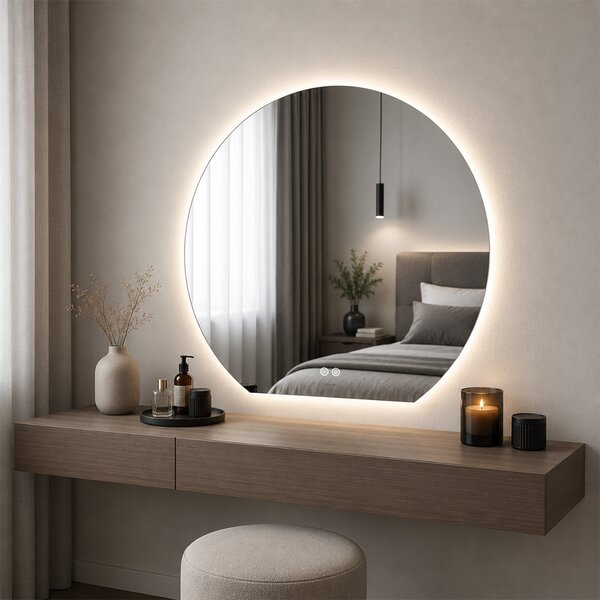 Mereo, Mereo Zrcadlo kulaté s rovnou hranou 800x740 mm, ambientní LED osvětlení a odmlžování, MER-CN185