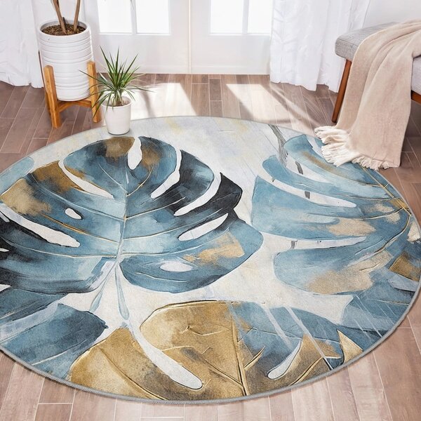 Modrý pratelný kulatý koberec ø 80 cm Golden Leaves – Mila Home