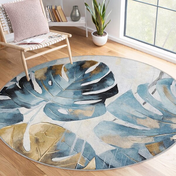 Modrý pratelný kulatý koberec ø 80 cm Golden Leaves – Mila Home