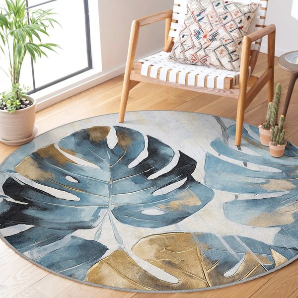 Modrý pratelný kulatý koberec ø 80 cm Golden Leaves – Mila Home