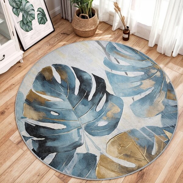 Modrý pratelný kulatý koberec ø 80 cm Golden Leaves – Mila Home