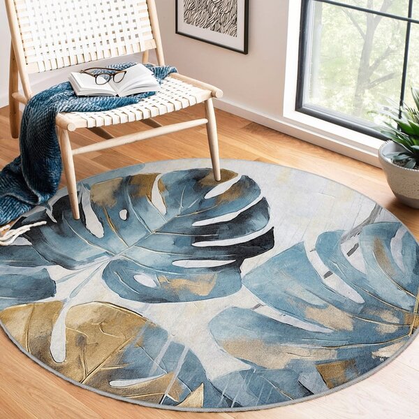 Modrý pratelný kulatý koberec ø 80 cm Golden Leaves – Mila Home