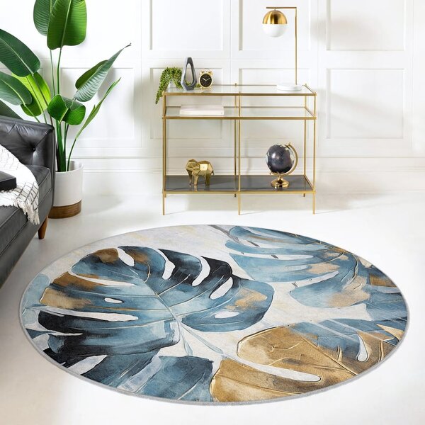 Modrý pratelný kulatý koberec ø 80 cm Golden Leaves – Mila Home