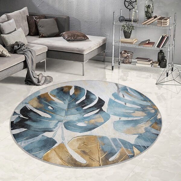 Modrý pratelný kulatý koberec ø 80 cm Golden Leaves – Mila Home