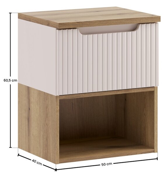 Comad Závěsná skříňka pod umyvadlo Nova Cashmere s deskou a regálem 50 cm kašmírová/dub coast evoke