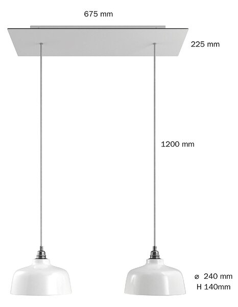 Creative cables Závěsná lampa se 2 světly, s obdélníkovým XXL baldachýnem Rose-one, textilním kabelem a keramickými stínidly Barva: Hladký ocelový dibond