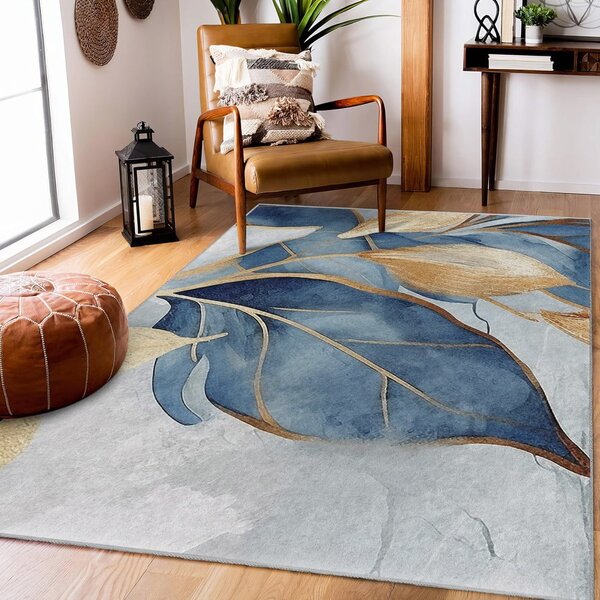 Pratelný koberec v modré a zlaté barvě 80x150 cm Golden Leaves – Mila Home