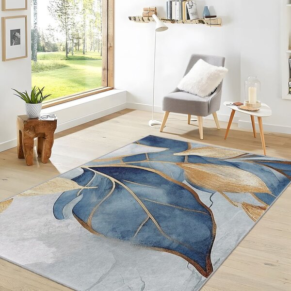 Pratelný koberec v modré a zlaté barvě 80x150 cm Golden Leaves – Mila Home
