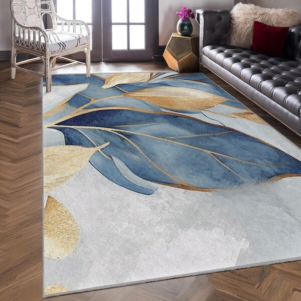 Pratelný koberec v modré a zlaté barvě 80x150 cm Golden Leaves – Mila Home