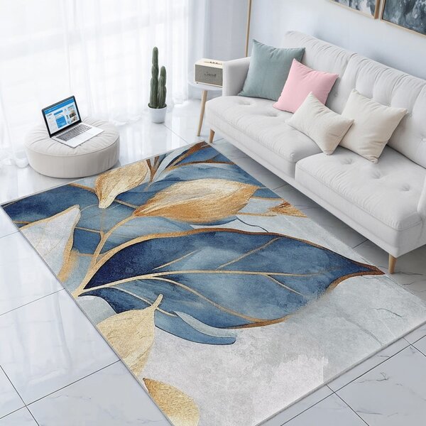 Pratelný koberec v modré a zlaté barvě 80x150 cm Golden Leaves – Mila Home