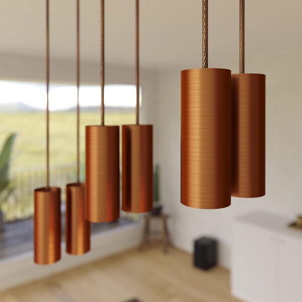 Creative cables Závěsná lampa s 6 světly, s obdélníkovým XXL baldachýnem Rose-one, textilním kabelem a kovovými stínidly Tub-E14 Barva: Hladký měděný dibond
