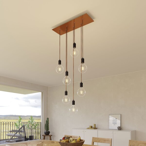 Creative cables Závěsná lampa se 7 světly, s obdélníkovým XXL baldachýnem Rose-one, textilním kabelem a kovovými komponenty Barva: Matný černý dibond