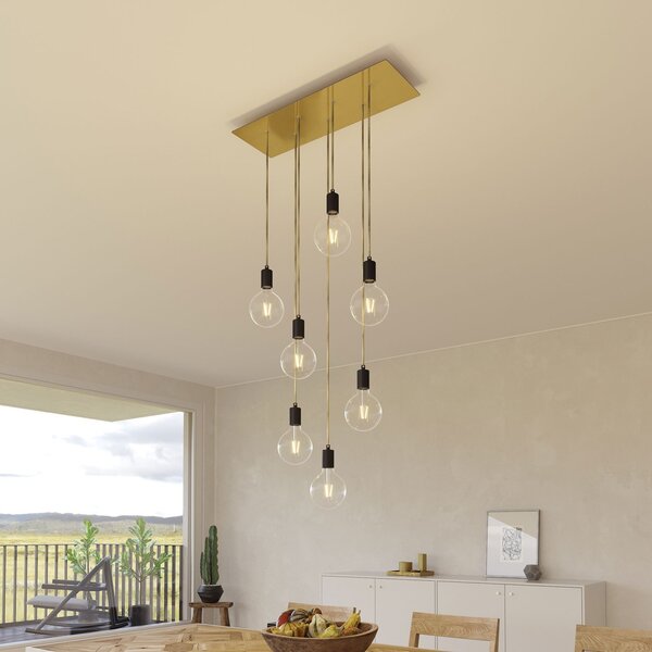 Creative cables Závěsná lampa se 7 světly, s obdélníkovým XXL baldachýnem Rose-one, textilním kabelem a kovovými komponenty Barva: Matný černý dibond
